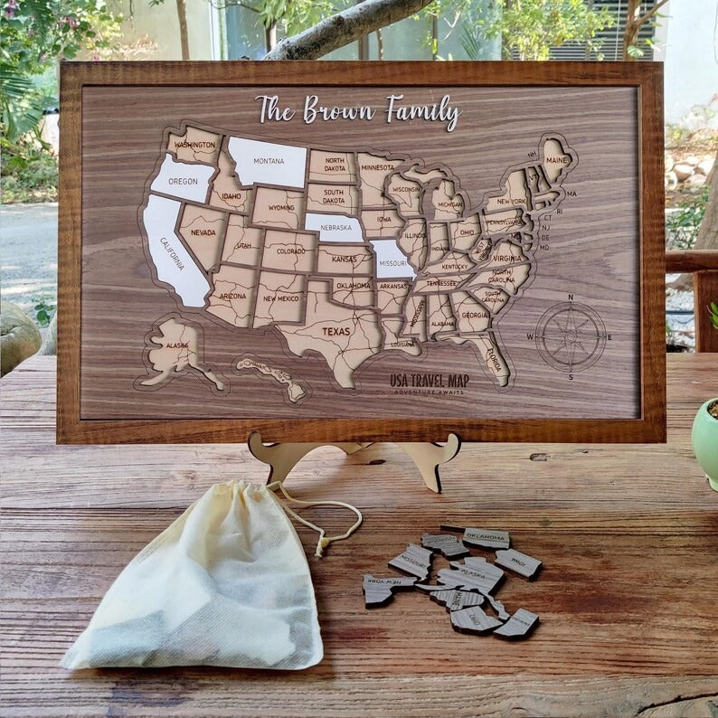 Personalized USA States Puzzle Map(Dark Walnut)