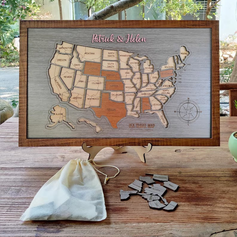 Personalized USA States Puzzle Map(Gery Oak)