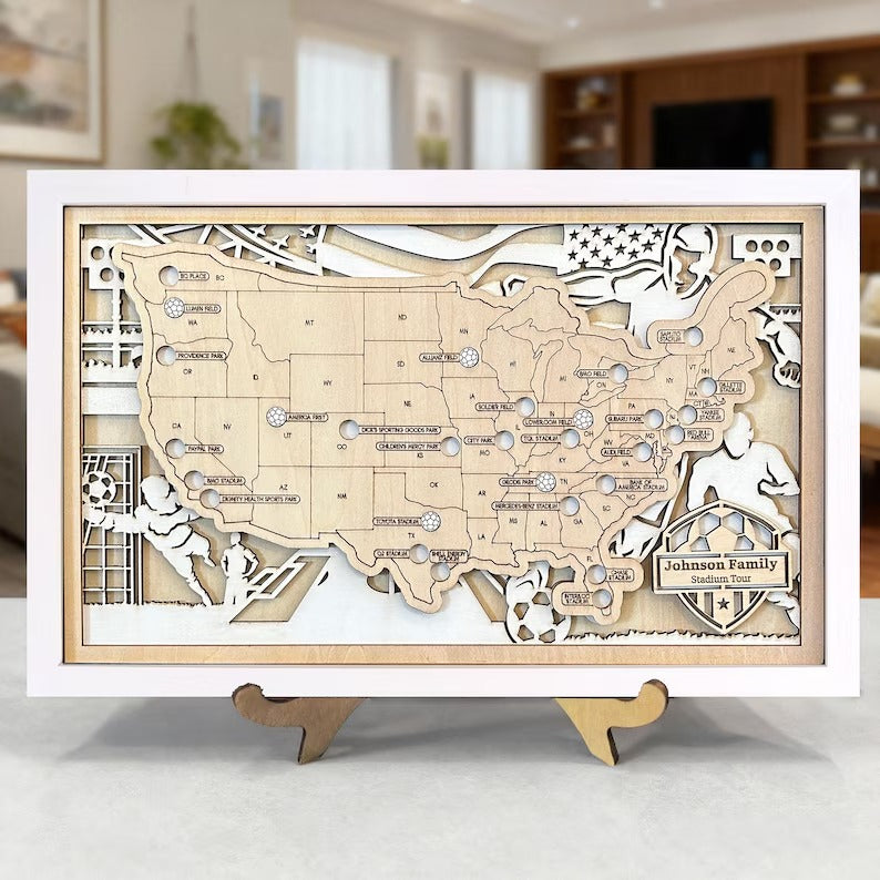 Personalized Soccer Stadium Tracker Map with Nameplate – Natural Wood Background