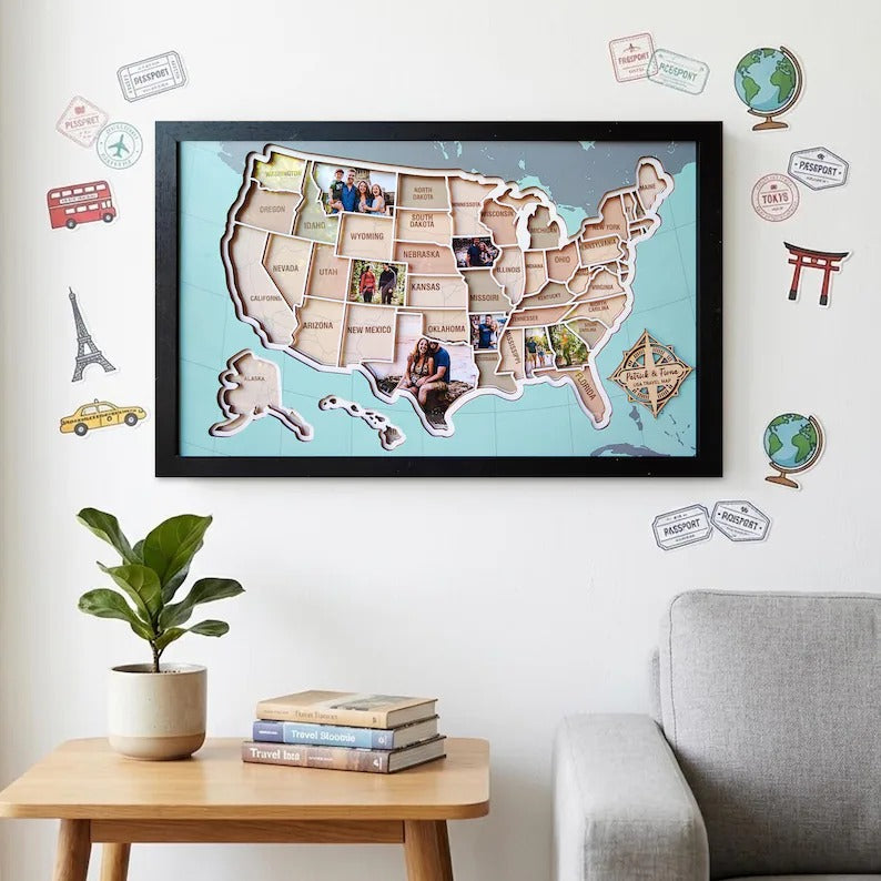 Personalized USA Photo Travel Map - Light Blue