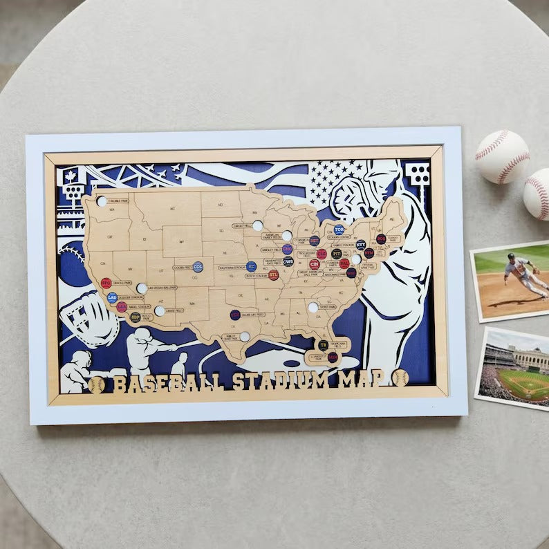 Custom Team Color Wooden MLB Stadium Map with Team Pins