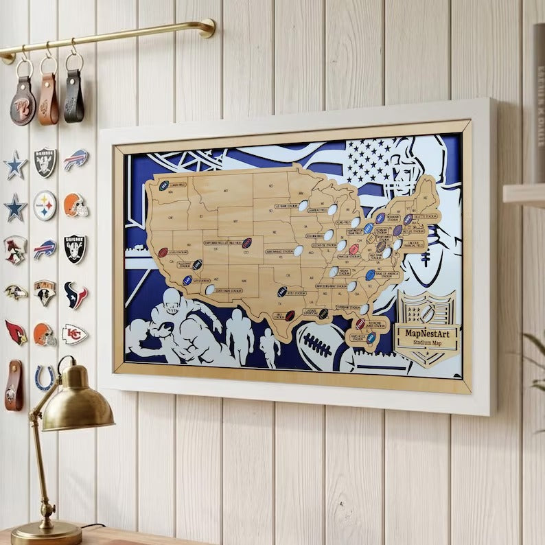 Football Stadium Map Gift for Dad | Personalized Wooden NFL Travel Tracker