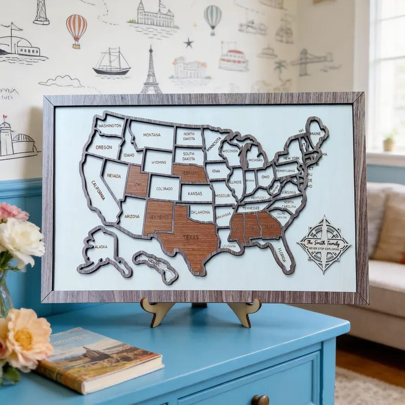 Personalized 50 States USA Travel Map - Custom Color Backboard