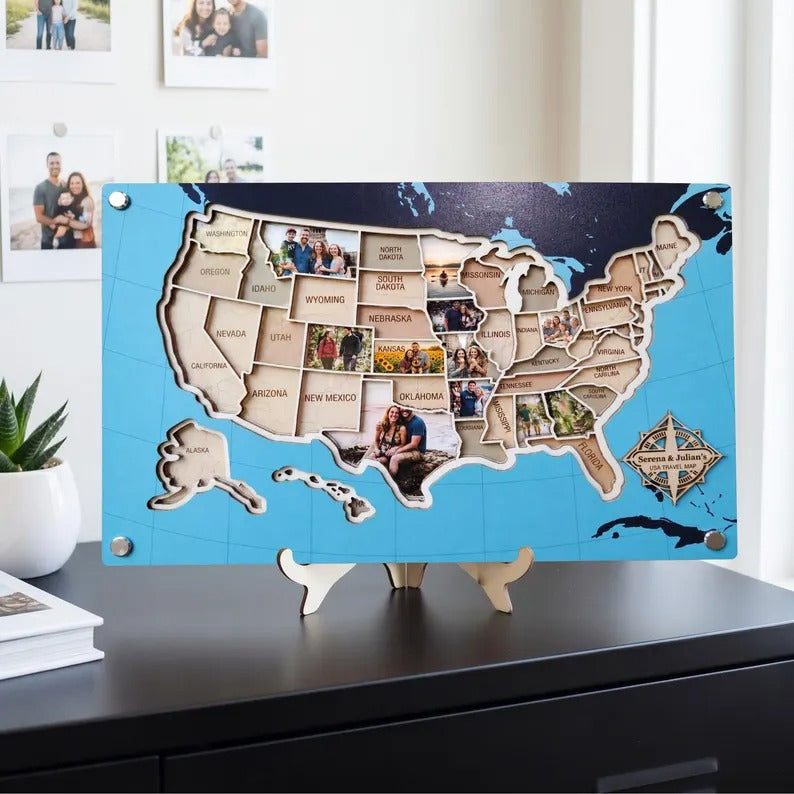 Personalized USA Photo Travel Map - Dark Blue