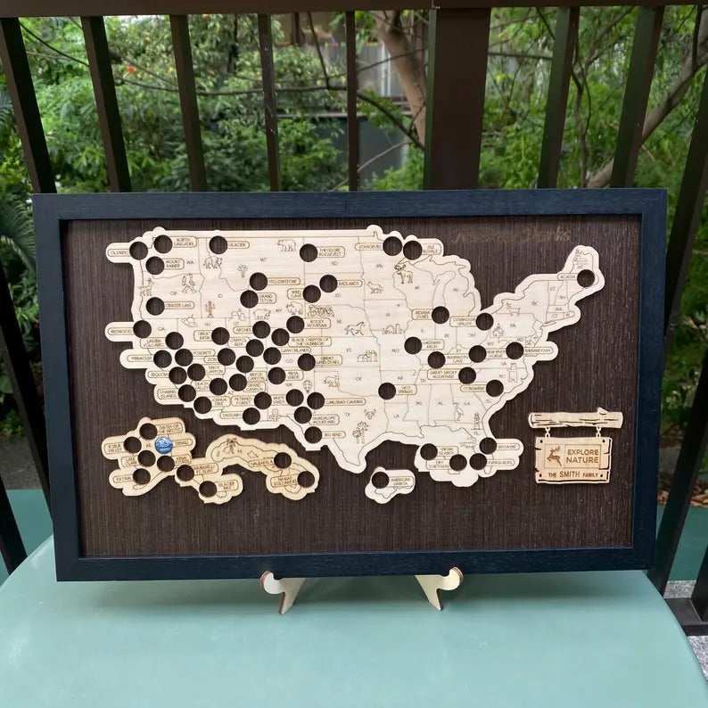 Wooden US National Parks Map - Custom Camping Tracker Wall Art