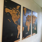 3D Wooden Triptych World Map - 3-Panel Push Pin Travel Wall Art