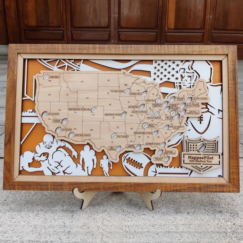 Football Baseball Stadium Map, Wood NFL Stadium Tracker