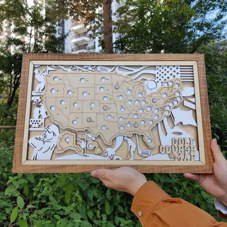 Personalized Golf Course Tracker Map – Natural Wood Background