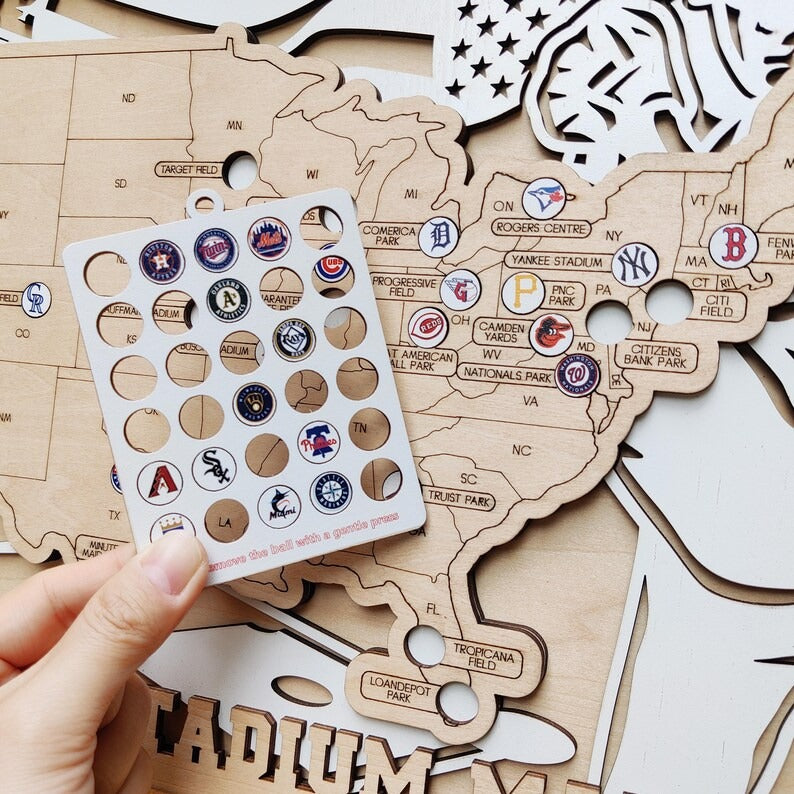 Personalized Wooden MLB Stadium Map with Colorful MLB Team Logo Pins