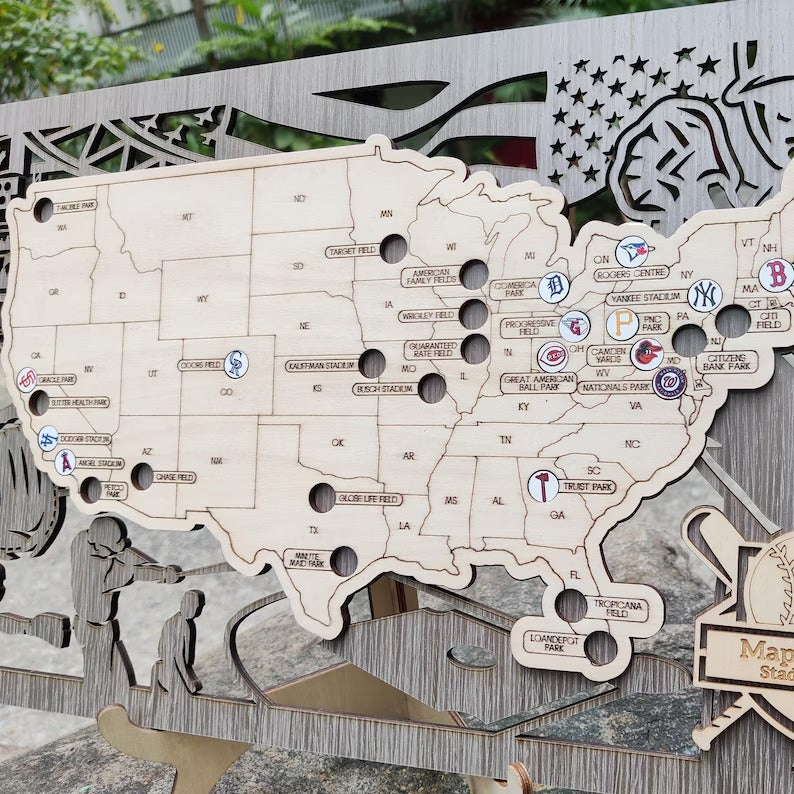 3D Cutout Wooden MLB Stadium Map with Engraved Nameplate & Team Logo Pins