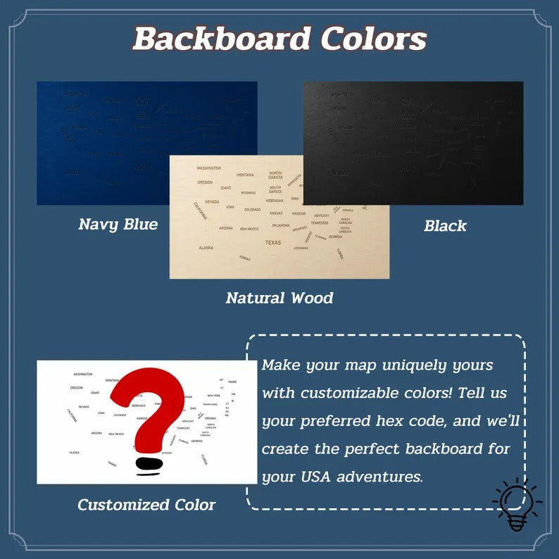 Personalized 50 States USA Travel Map - Custom Color Backboard