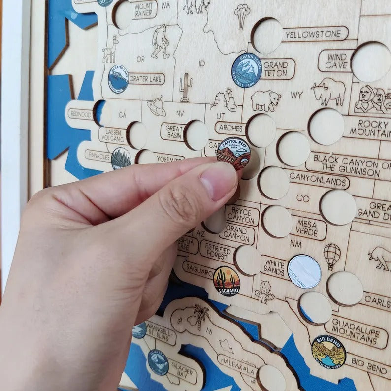 National Park Travel Map - 63 Parks Push Pin Map(USA Flage)