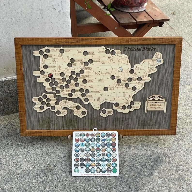 Engraved National Parks Map - Wooden USA Travel Tracker Gift