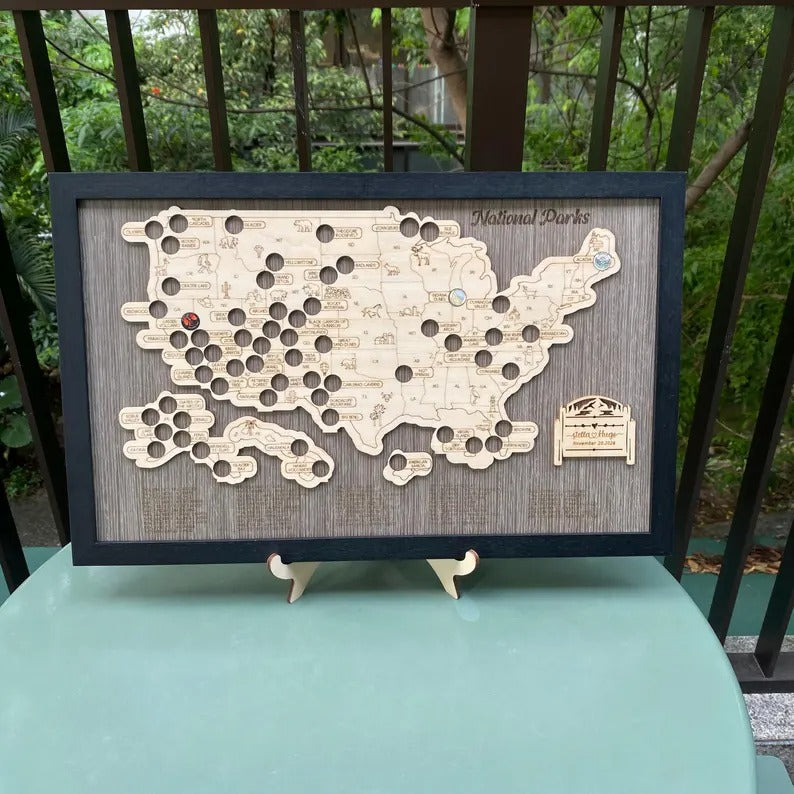 Engraved National Parks Map - Wooden USA Travel Tracker Gift