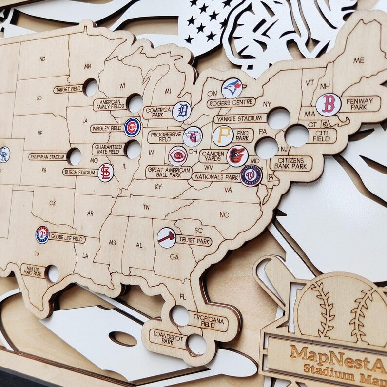 Personalized Wooden MLB Stadium Map with Engraved Nameplate & Team Logo Pins
