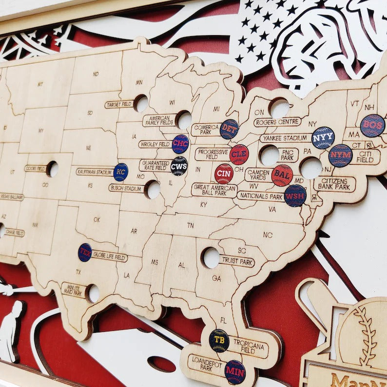 Custom Color MLB Stadium Map with Nameplate & Team Pins