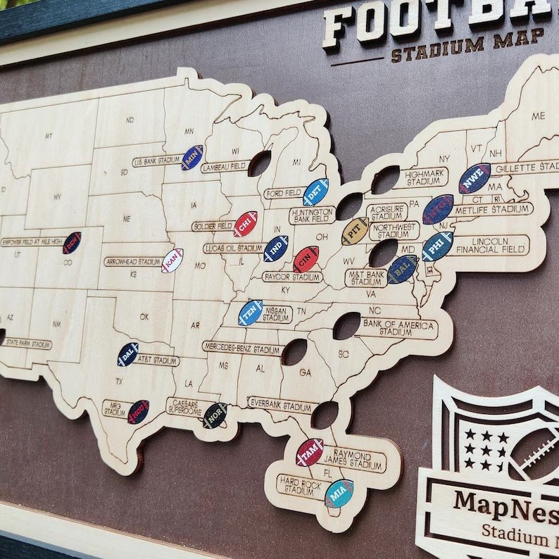 Personalized Brown Wooden NFL Stadium Map with Team Name Pins - Mappae Pilot