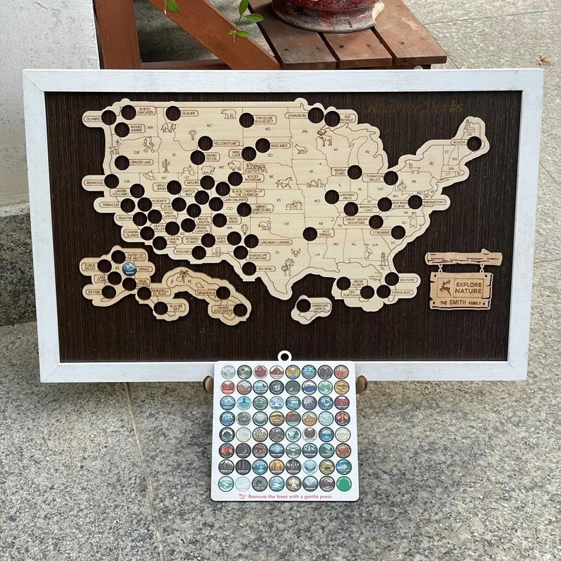 Wooden US National Parks Map - Custom Camping Tracker Wall Art