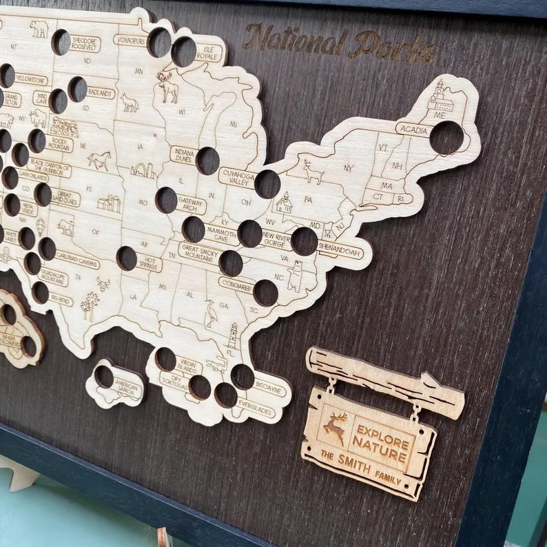 Wooden US National Parks Map - Custom Camping Tracker Wall Art