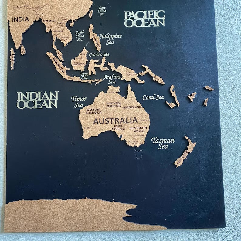 3D Wooden Triptych World Map - 3-Panel Push Pin Travel Wall Art