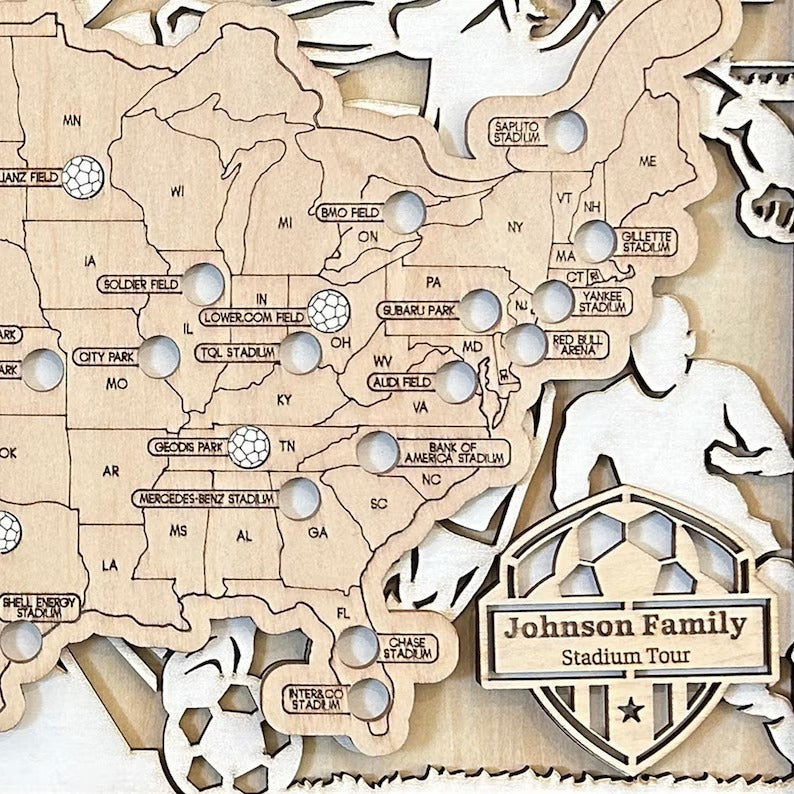 Personalized Soccer Stadium Tracker Map with Nameplate – Natural Wood Background
