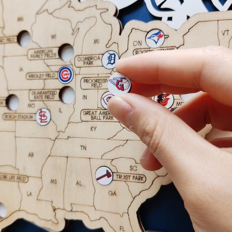 Custom Color MLB Stadium Map with Nameplate & Team Logo Pins