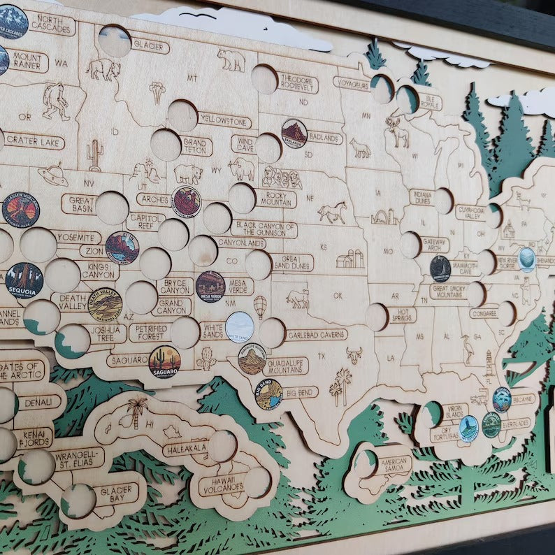 National Park Travel Map - 63 Parks Push Pin Map(Forest）