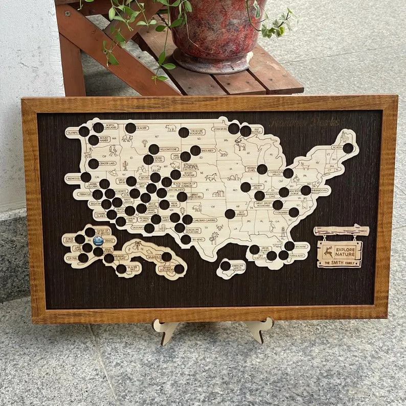 Wooden US National Parks Map - Custom Camping Tracker Wall Art
