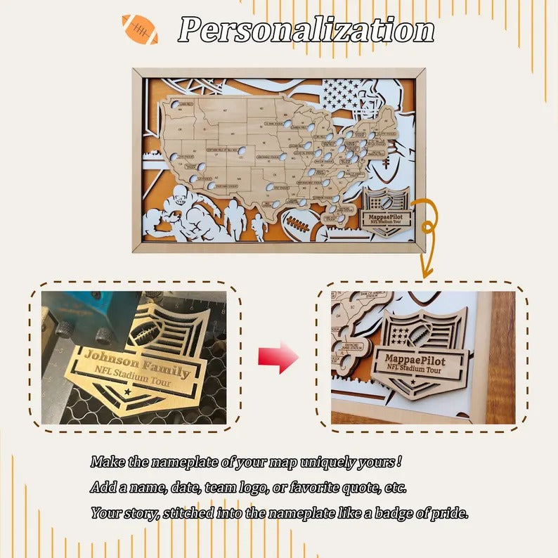Football Baseball Stadium Map, Wood NFL Stadium Tracker