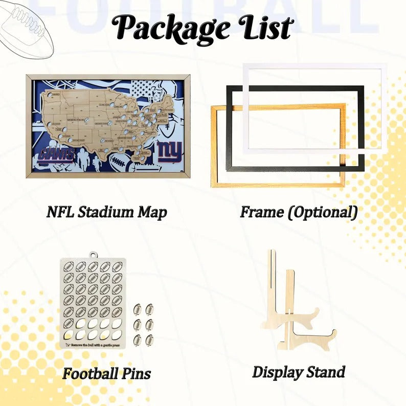 Football Baseball Stadium Map, Wood NFL Stadium Tracker