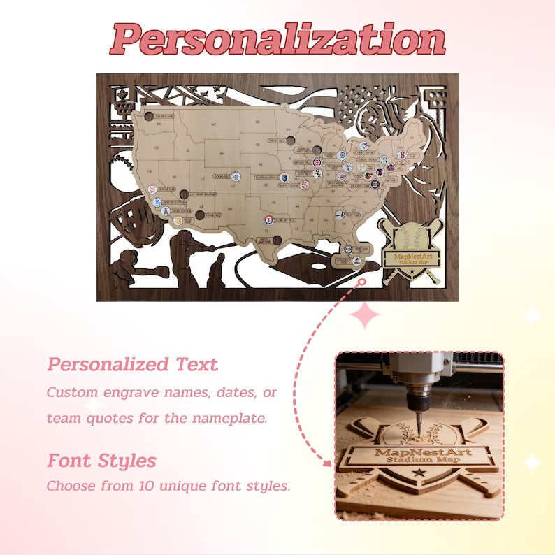 3D Cutout Wooden MLB Stadium Map with Engraved Nameplate & Team Logo Pins