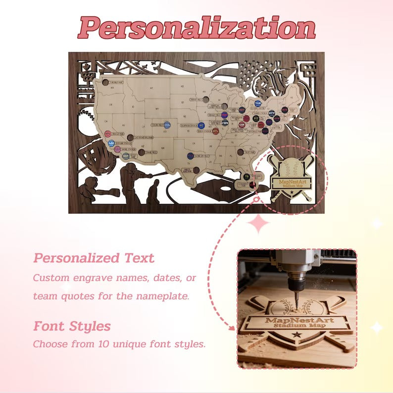 3D Cutout Wooden MLB Stadium Map with Engraved Nameplate & Team Pins