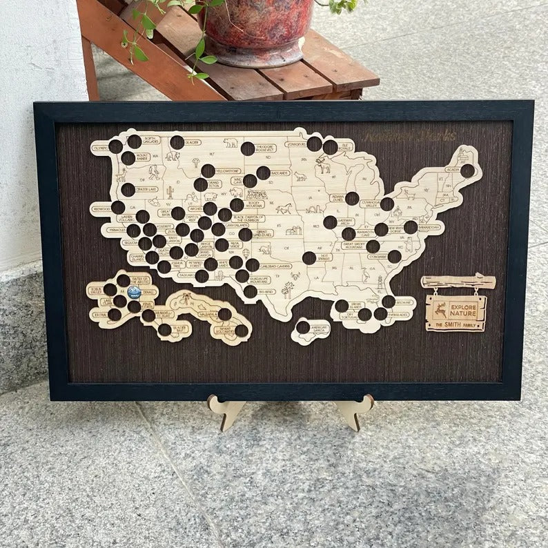 Wooden US National Parks Map - Custom Camping Tracker Wall Art