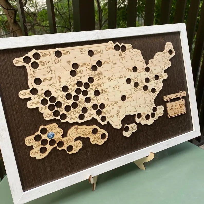 Wooden US National Parks Map - Custom Camping Tracker Wall Art
