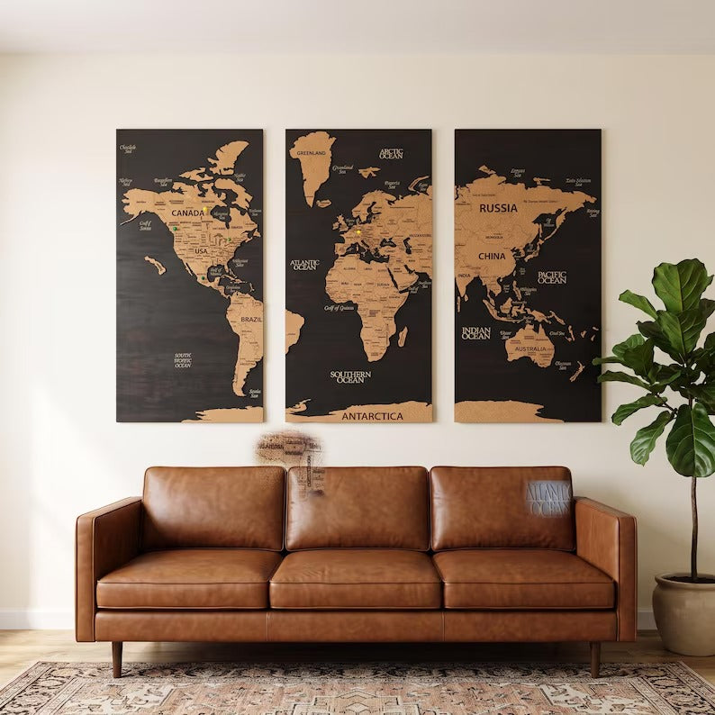 3D Wooden Triptych World Map - 3-Panel Push Pin Travel Wall Art