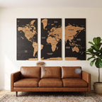 3D Wooden Triptych World Map - 3-Panel Push Pin Travel Wall Art